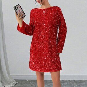 Red Elegant Women's Sequin Bow Christmas Mini Dress